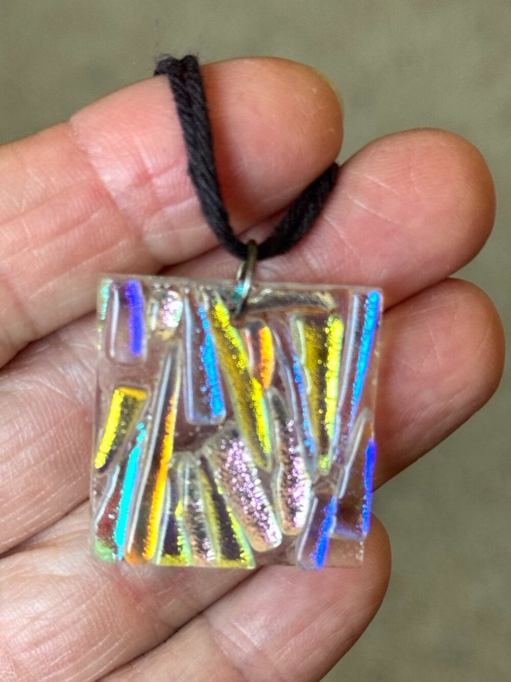 Dichroic Glass Necklace Small 1" Square on Cotton Hemp Cord
